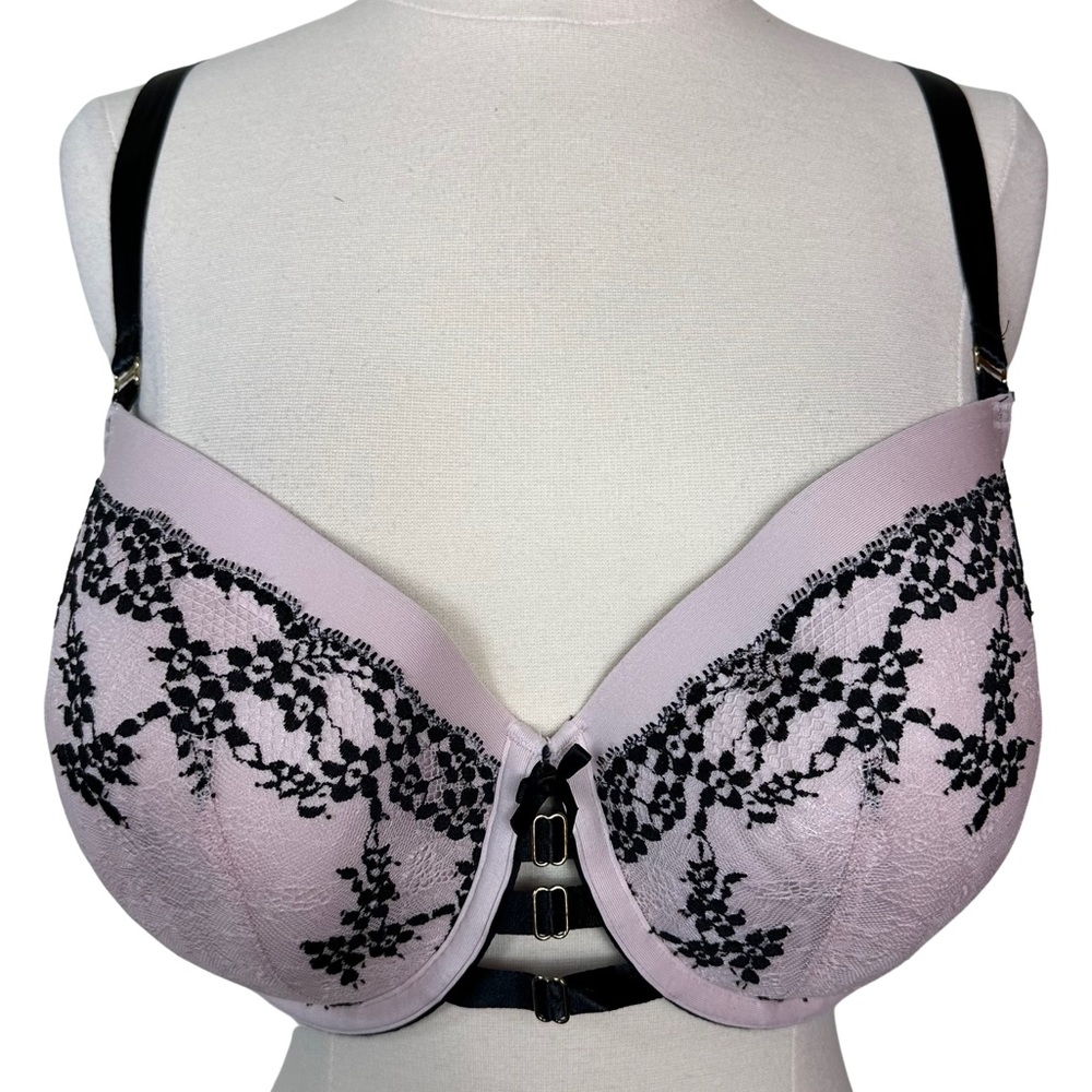 Cacique 42D Lightly Lined Balconette Pink Black Lace Underwire Strappy Sexy Bra